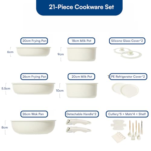 Image of House of Quirk 21 Pcs Maifan Stone Non Stick Ceramic Cookware Set | Pots & Pans with 2 Detachable Handles | Removable Handle RV Kitchen Cooking Set | Oven Safe, Induction Ready, Stackable (Beige)