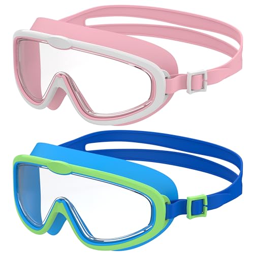 2 Pcs Lunettes de Natation à Grand Cadre pour Enfants, Masques Anti-Buée à Vision Claire, Protection UV, Réglage Rapide, Joint en Silicone, Lunettes...