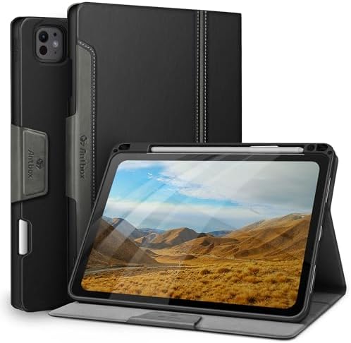 Antbox iPad Pro 11 Inch (M4) 2024 Case, Built-in Pencil Stand, Fully Support Pencil Pro/USB-C, Vegan Leather Auto Sleep/Wake Function (Black)