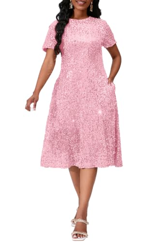 Image of Sequins Glitter Short Sleeve Women's Maxi A-line Dress - Sparkly Party Elegant