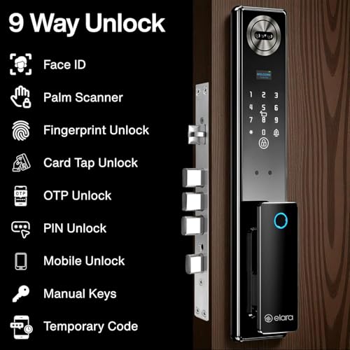 Image of Elara Apex Edge Smart Door Lock, Fingerprint, Card, App, OTP, Keys, PIN Unlock, Alarm Alert, Bluetooth & WiFi, Black, 2 Year Warranty. (Apex Edge)