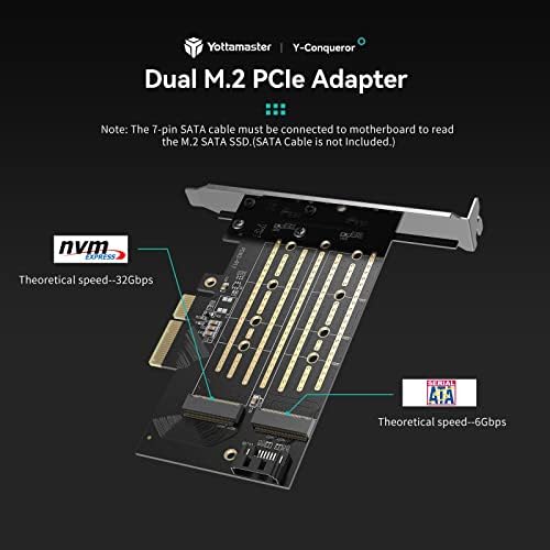 Yottamaster Dual M.2 PCIe Adapter, M.2 NVMe & SATA PCIe 3.0X4 Converter Card with Aluminum Heat Sink, Support PCIe X4,X8,X16 Slot - [C6]
