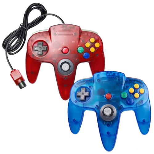Image of KIWITATA 2 Pack Classic N64 Controller, Retro Wired N64 Remote Joystick Replacement Controller for Original N64 System Console Clear Red & Blue