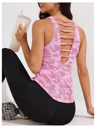 OYOANGLE Women's Mesh Workout Tank Top Camo Print Backless Sports Athletic Gym Sleeveless Tops3