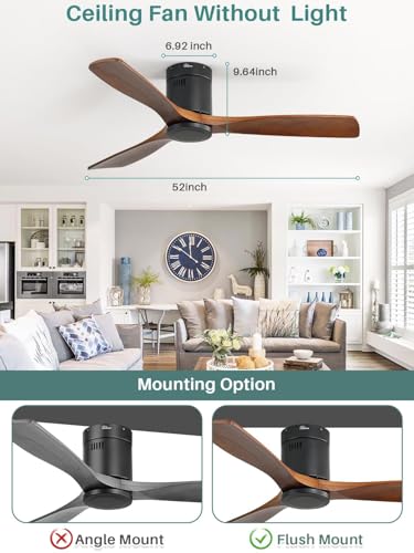 Sofucor 52 Inch Smart Ceiling Fan Without Lights Flush Mount Solid Wood Ceiling Fan with Alexa/Google Assistant/APP/Remote Control-Modern Outdoor Ceiling Fans No Light for Bedroom/Patio, Brown Black thumbnail 6