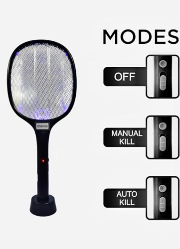 Image of osring 2 in 1 UV Light Mosquito Bat Racket Electric Fly Swatter with Base Stand, Lithium Battery, USB Type-C Charging, Black, Made in India