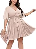 SCOMCHIC Women's Plus Size Summer Dresses Short Sleeve Wrap V Neck A Line Skater Mini Short Dress XL-4XL Beige