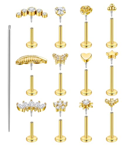 YOVORO 12Pcs 18G Flat Back Cartilage Stud Earrings 18K Gold Plated Helix Stud Earrings for Women 316L Surgical Steel Internally Thread Hypoallergenic Labret Tragus Conch Lip Piercing Jewelry Gold