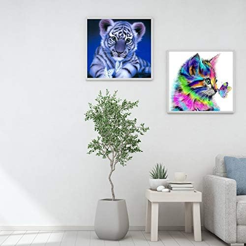 Xiaomoyu 2 Pcs 5D Diamond Art Painting Kits Full Drill, Cat Butterfly and Tiger Crystal Rhinestone Embroidery Pictures DIY Craft Paintings Kits Gifts for Kids, Adults, Home Wall Decor