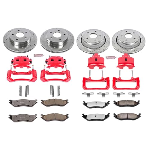 Image of PowerStop Front and Rear Brake & Caliper Kit for Dodge Ram 1500 2002 - Drilled & Slotted Disc Rotors + Z36 Brake Pads + Red-Powder Coated Calipers, KC2166-36