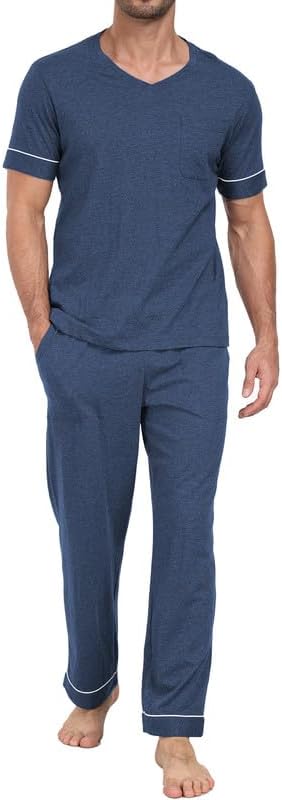 CF Mens Pajamas Set Cotton Sleepwear Soft Short Sleeve Pjs Comfy 2 Piece Nightwear V-Neck Long Pants Loungewear with Pockets