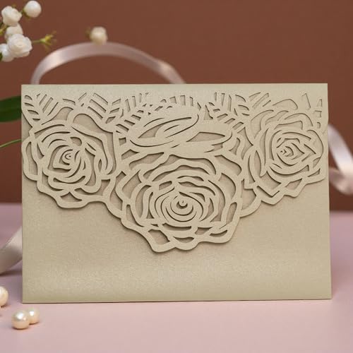 Builcker Laser Cutting Invitation Card Greeting Card Graduation Party Rose Flower Wedding Birthday Party Invitations Invitation Pocket With Envelope (Champagne Gold)