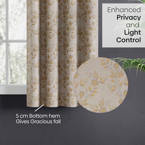 Image of haus & kinder Jacquard Window Curtains 5 Feet Long Pack of 2 Window Curtains, 5 Feet Curtains for Window (Leaf Meadow, Lemon 130x152 CM)