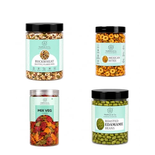 Image of WellNuts & Co. Healthy Snack Combo Pack of 4 |Buckwheat Flakes Mix - 200g, Mexican Bites - 200g, Mix Veg Chips - 150g, Roasted Edamame Beans - 200g| Roasted & Ready to Eat Snacks | High Protein & High Fiber Combo | Snacks for Healthy Everyday
