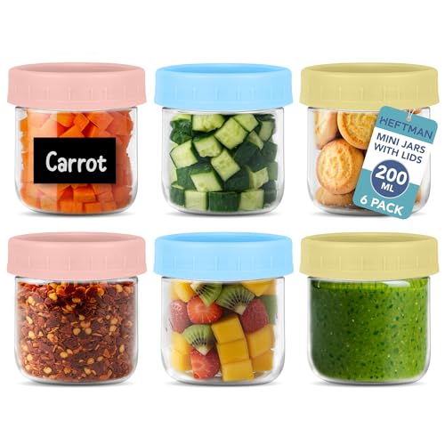HEFTMAN Ollas pequeñas de desayuno con tapas, 6 tarros pequeños de 200 ml con tapas para lonchera, salsas, frutas, tarros de avena herméticos de vidrio