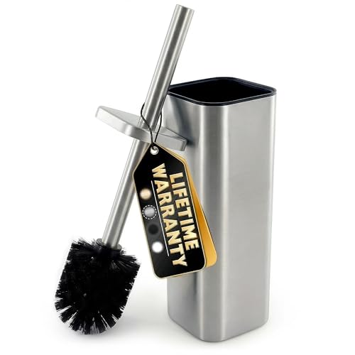 Toilet Brush with Square Holder - Toilet Brush and Holder Set Silver, Stainless Steel Handle with Splash Shield, Replaceable Head and Removable Inner Cup - Freestanding Bathroom Toilet Cleaning Set