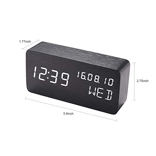 Staright Despertador de mesa de madeira com controle de voz, temperatura ajustável, tela de 3 brilho