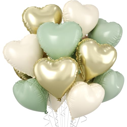 Image of Sage Green Gold Heart Balloons, 10 Pcs Light Gold Cream Heart Shaped Balloon, 18 Inch Olive Green Sand White Foil Balloons for Jungle Safari Brithday Baby Shower Wedding Valentines Party Decoration