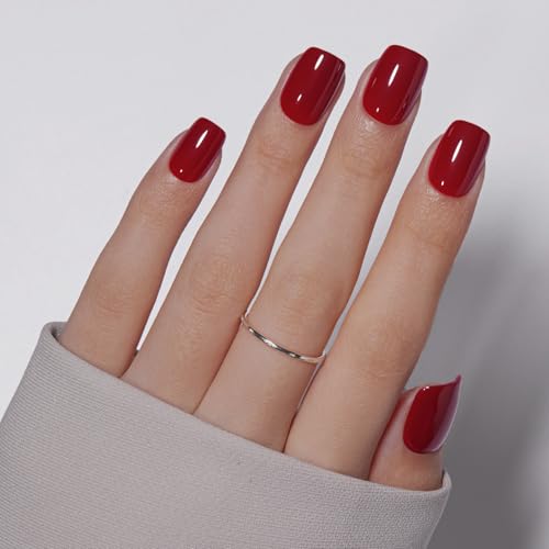 VSALON Press on Nails Short Square - Red Glossy Pastel New Year F...