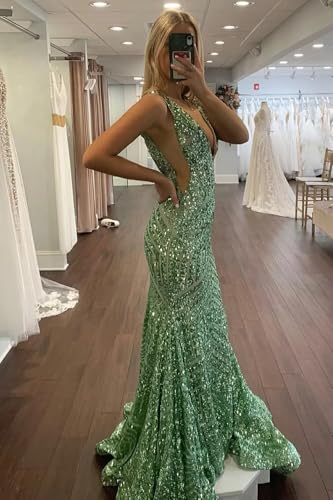 Sparkly Sequin Prom Dresses for Women Deep V Neck Mermaid Formal Evening Dress4