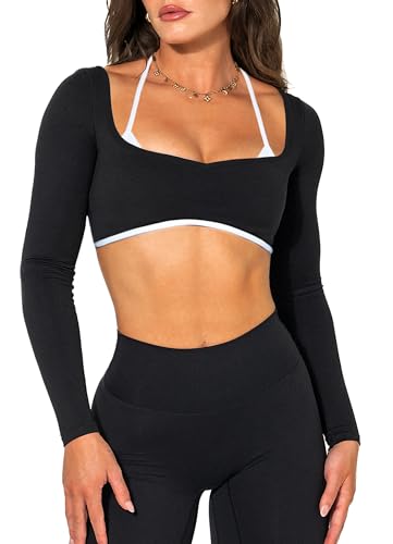 Women Backless Long Sleeve Workout Tops Gym Shirt Athletic Clothes Built in Bra Open Back Crop Top Yoga Sport Halter