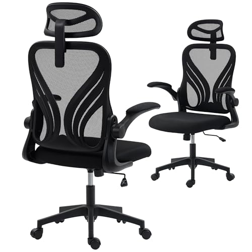 Homcom Sedia Da Ufficio Ergonomica Con Braccioli Ribaltabili E Schienale Pieghevole, Sedia Per Scrivania Con Funzione Dondolo, Poggiatesta Regolabile, Seduta Girevole, Nero