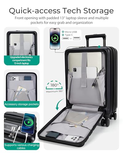 BAGSMART Expandable Carry On Luggage 22x14x9 Airline Approved, 20 Inch Suitcase with Spinner Wheels, Charging Ports, TSA Lock, Hard Shell Front Opening for Men Women Travel Business, Blue2