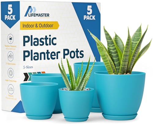 Blue Plant Pots with Drainage Holes & Saucers 5 Pack,