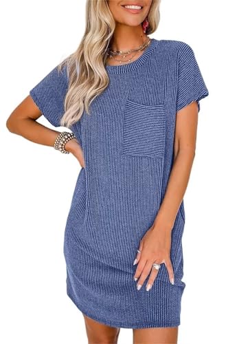 Image of Acelitt Womens Casual Summer Crewneck Short Sleeve Ribbed Mini Tshirt Dress, XS-3XL