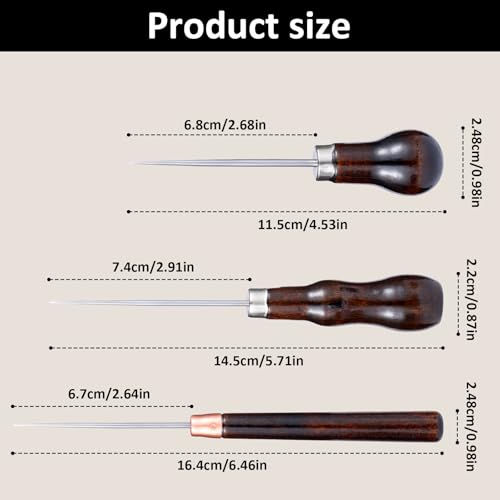 Bewudy 3 Stück Vorstecher mit Holzgriff, Leder Ahle Werkzeug Lederhandwerk Stanzwerkzeug Holzlochstanzer Ahle Nähen Werkzeug für DIY Nähahle Handwerkzeug Lederverarbeitung