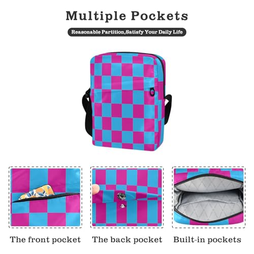 men's messenger bag cross body bag men Casual Everyday Purse Adjustable Strap for School School- Cyan Blue and Fuchsia Checkerboard Pattern2