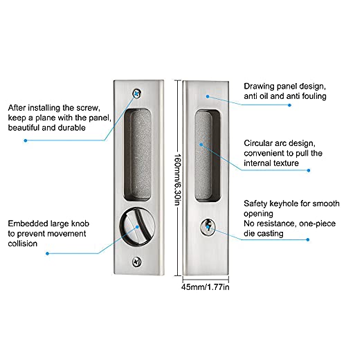 LWZH 6.3" Brushed Silver Privacy Pocket Door Lock Hardware, Invisible Recessed Handle Latch with Keys, Sliding Door Mortise Lock, Double Barn Door Lock Furniture Hardware…