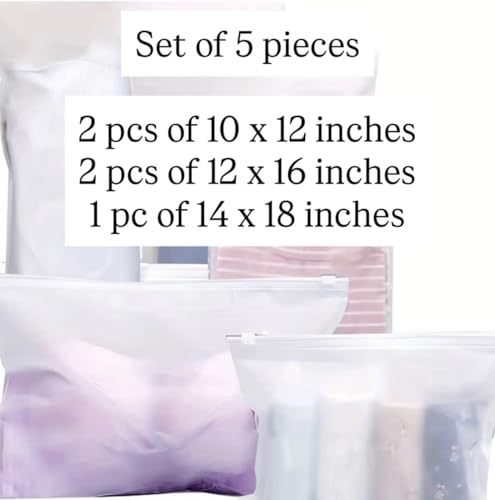 Image of 5-PC Frosted Zipper Pouch Storage Bags for Travel & Home (3 sizes) | Reusable Packaging for Clothes, Shoes, Cosmetics & Toiletries | Resealable Space Saving Polyethylene Ziplock with Air Vent