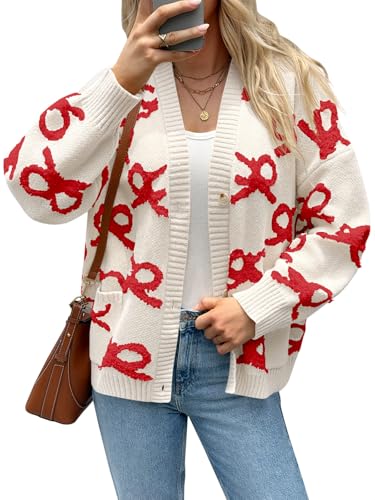 Saodimallsu Womens Bow Cardigan Sweaters Button Up Chunky Knit Loose Fit Fall Winter Sweater Coats with Pockets