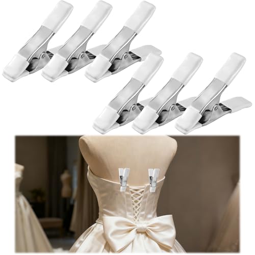 6 Packs Dress Clips for Fitting, 4 Inch Heavy Duty Metal Clothing Clamps with Rubber Tips, Strong Grip Dress Fitting Clips for Bridal, Seamstress, Mannequin & Wedding Photographer (White)