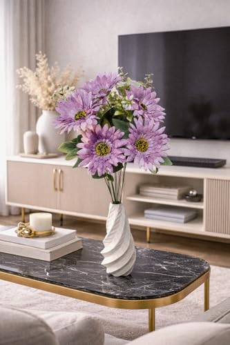 Image of Premium Combo Artificial Purple Daisy Flower Bouquet with Designer Ceramic Vase | Snowflake Fabric Real Touch Flowers | Luxury Home Decor for Living Room Bedroom Office Center Table(ND-16)
