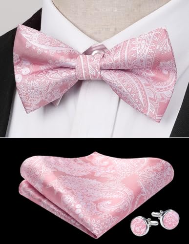 Image of HISDERN Bow Ties for Men Pretied Bow Tie Set Paisley Classic Bowties and Pocket Square Cufflinks Set for Wedding Party
