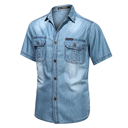 Mens Denim Shirts Retro Light Summer Shirt Jean Jacket Casual Buttons Tops Denim Shirt2