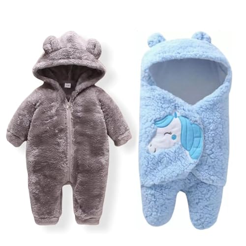 Image of Baby Bear Hooded Fleece Romper and Swaddle Wrap Set, Plush Teddy Design, Brown (2, Grey&Sky, Baby)