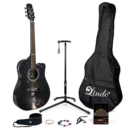 Lindo Galaxy - Guitarra electroacústica delgada con sintonizador LCD XLR/bolsa de transporte y paquete completo de accesorios (bolsa de concierto, soporte de guitarra, cuerdas, correa, 10 púas, DVD, ceja) Cover