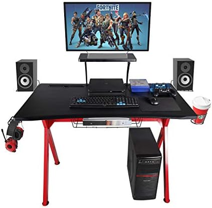 LAZZO X Type Computer Gaming Desk 41" Home Game Table Desk with Display Support Plate, Cup Holder and Headphone Hook,Gamer Workstation, Curved Front Desktop,Red & Black Design(41" Wx23.5 D)