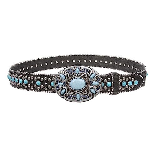 Western Turquoise Rhinestone Studded Faux Crocodile Print Genuine Leather Belt2