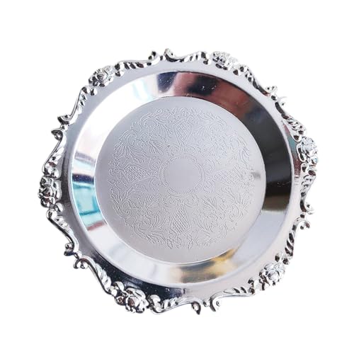 Mikikit Bandeja Decorativa Plateada para Joyas y Velas Organizador Redondo de Escritorio Estilo Nórdico Plato Vintage para Guardar Anillos y Frutos Secos Uso para Bodas y Decoración