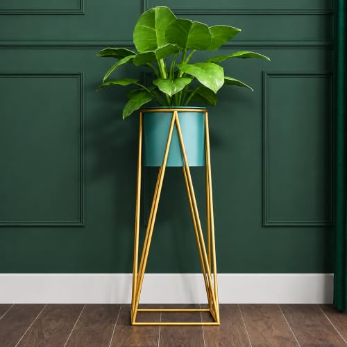 Image of LIBAN Modern, Stylish Metal Planter with Stand for Indoor & Outdoor Plants | Tall Plant Pot for Living Room, Balcony, Garden | Decorative Floor Flower Pot (Set of 1) (Green)