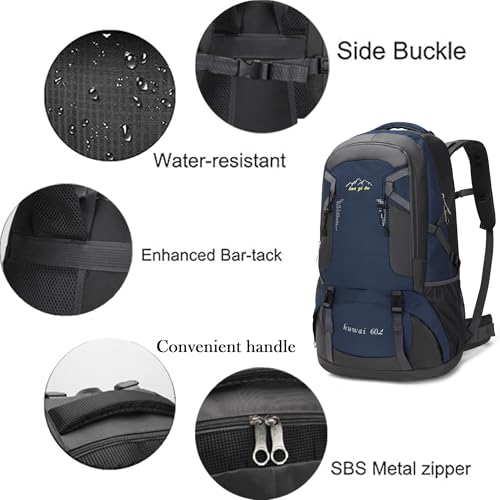 Mxaeyar 60L Hiking Backpack,Waterproof Travel Backpack,Lightweight Camping Rucksack with Machine Washable Design,Unisex Trekking Bag for Outdoor Adventures, Cycling, Daily Use，Dark Blue - Image 2