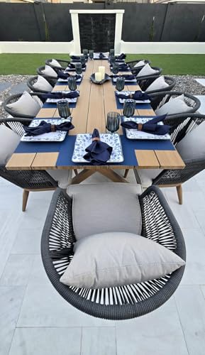 Image of PURPLE LEAF 14 Pieces Patio Dining Set Wicker Outdoor Furniture Rectangular Table and Chairs Set for Garden Deck Teak-Finish & Grey Aluminum Frame Backyard Kitchen Set, Cushions and Pillows Included
