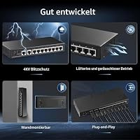Binardat 10 Port Gigabit Ethernet Switch, 8 Ports 100/1000Mbps, 2 Gigabit Uplink, VLAN-Unterstützung, Metallgehäuse, nicht verwaltet, Plug and Play – Ansicht 4