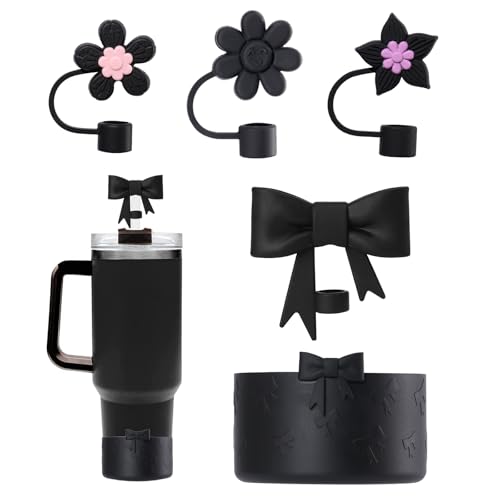 GAISHION Stanley Tumbler Accessories Set Including 4 Pcs Siliocne Straw Covers Toppers Caps for 10mm/0.4 in Straws,1 Pcs Siliocne Boot for Stanleys Cup 40oz 30oz 20oz - Black