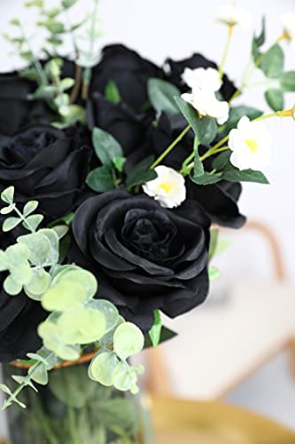 Justoyou 10 Pcs Halloween Black Flower, Artificial Roses Flowers, Realistic Blossom Roses, Real Touch Silk Rose, Single Fake Flower Long Stem Bouquets For Home Decor Wedding Party (10Pcs, Black) #TOP5