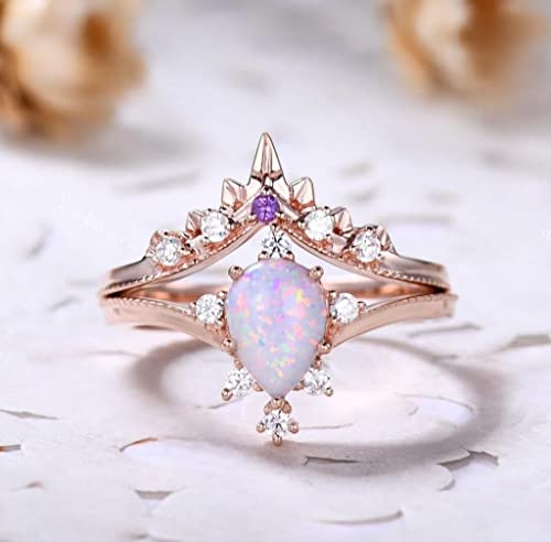 Unique Pear Opal Engagement Ring Set Vintage Teardrop Fire Opal Wedding Bridal Set Dainty Women Ring Art Deco Promise Ring Sterling Silver2